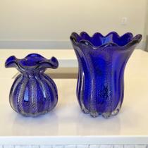 Kit Vaso de Vidro Murano Azul Royal Com Dourado (2 Pçs)