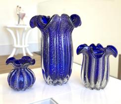 Kit Vaso de Vidro Murano Azul Royal Com Dourado (3 Peças) - Galeria Morada
