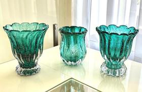 Kit Vaso de Vidro Murano Verde Claro Com Dourado (3 Peças) - Galeria Morada