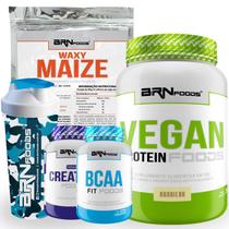 KIT Vegan Protein 500g + Waxy Maize 800g + BCAA 100g + PREMIUM Creatina 100g + Coqueteleira - BRN FOODS