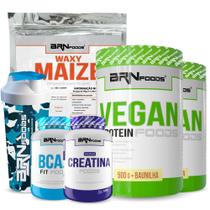 KIT VEGANO: 2x Vegan Protein 500g + Waxy Maize 800g + BCAA 100g + PREMIUM Creatina 100g + Coqueteleira - BRN FOODS
