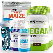 KIT VEGANO: 2x Vegan Protein 500g + Waxy Maize 800g + BCAA 100g + PREMIUM Creatina 100g + Coqueteleira - BRN FOODS KIT VEGANO: 2x Vegan Protein 500g + Waxy Maize 800g + BCAA 100g + PREMIUM Creatina 100g + Coqueteleira - BRN FOODS