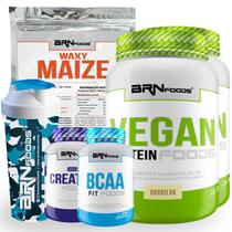 KIT VEGANO: 2x Vegan Protein 500g + Waxy Maize 800g + BCAA 100g + PREMIUM Creatina 100g + Coqueteleira - BRN FOODS