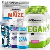 KIT VEGANO: 2x Vegan Protein 500g + Waxy Maize 800g + BCAA 100g + PREMIUM Creatina 100g + Coqueteleira - BRN FOODS