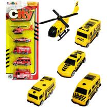 Kit Veiculo Bombeiro Com Caminhao + Helicoptero Roda Livre City Fire Series 5 Pecas - DUTE