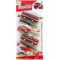 Kit veiculo bombeiro com onibus + helicoptero a friccao pull back rescue 4 pecas