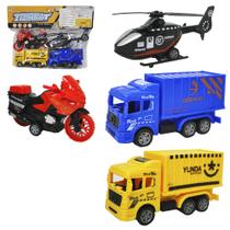 Kit veiculo com moto + onibus a friccao pull back logistics transport 4 pecas