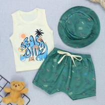 Kit Verão Bebê Regata Estampada, Bermuda e Chapéu Bucket Kit Verão Bebê Regata Estampada, Bermuda e Chapéu Bucket