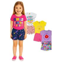 Kit Verão Infantil Feminino 6 Peças 3 Conjuntos Blusa e Short Menina Tamanho 01 ao 14 Anos