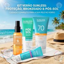 Kit Verão Perfeito: FPS 70 200g, Óleo Bronzeador, Pós-Sol Corporal e Hidratante Facial da Sunless Kit Verão Perfeito: FPS 70 200g, Óleo Bronzeador, Pós-Sol Corporal e Hidratante Facial da Sunless