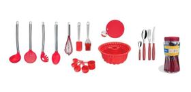 Kit Vermelho Colheres de Silicone Utensílios + Jogo Talheres + Forma Pudim Sil