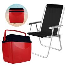 Kit Vermelho / Preto Caixa Termica Cooler 34 L + Cadeira de Praia Aluminio Mor
