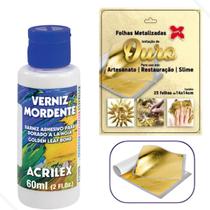 Kit Verniz Mordente Acrilex 60ml + 25 Folhas de Ouro 14x14
