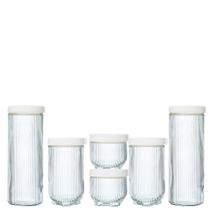 Kit Versátil Canelado Branco Conjunto Com 6 Potes para Mantimentos Em Vidro