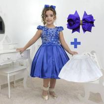 Kit Vestido azul com tule francês e bordado + saia de filó + laço