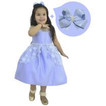 Kit Vestido Azul Serenity Bebê Tule Ilusion + Laço para Cabelo