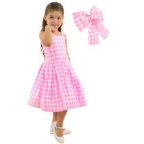 Kit Vestido Barbie Xadrez Vintage + Laço para Cabelo