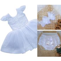 kit vestido branco bebe infantil c/ faixa de cabelo mais calcinha cobre fralda para batizado daminha reveillon - Empório da Roupa