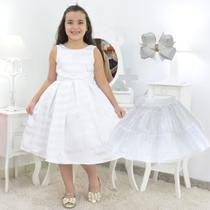 Kit Vestido Branco Infantil - Batizado + laço cabelo + saia filó - Moderna Meninas