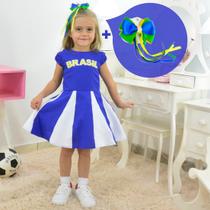 Kit Vestido Brasil Azul e Branco - Copa + Laço para Cabelo