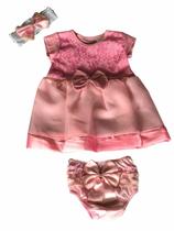 Kit Vestido Calcinha Laço Roupa Bebe 0-6 Meses 3 peças