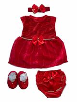 Kit Vestido Calcinha Sapatinho Laço Roupa Bebe 0-6 meses 4pc