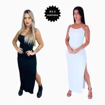 Kit Vestido com 2 Longo Alcinha Canelado Fenda Lateral Casual Festa Primavera Verão Kit Vestido com 2 Longo Alcinha Canelado Fenda Lateral Casual Festa Primavera Verão