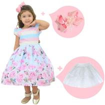 Kit Vestido Corpo Listrado e Saia Floral Azul + Laço + saia filó Kit Vestido Corpo Listrado e Saia Floral Azul + Laço + saia filó
