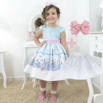 Kit Vestido de menina tema sereia + saia filó + laço para cabelo