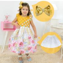 Kit Vestido Dourado com Saia Floral + 1 Laço + Saia de Filó