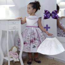 Kit Vestido floral com bordado em perolas + saia de filó + Laço