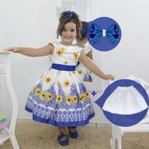 Kit Vestido floral rosas amarelas e azul + Saia de filó + Laço