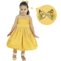 Kit Vestido Infantil Dourado Tule Ilusion + Laço para Cabelo