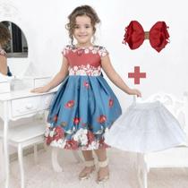 Kit Vestido infantil floral azul com vermelho + saia filó + Laço