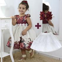 Kit Vestido Infantil Floral Vinho + Saia de Filó + Laço de Cabelo
