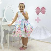 kit Vestido infantil jardim encantado + laço cabelo + saia filó