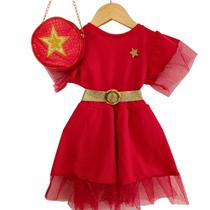Kit Vestido Infantil para Meninas com Tule-Natal e Ano novo- com Bolsa- Vermelho e Branco- STAR-
