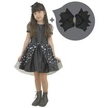 Kit Vestido Infantil Preto com Tule sobre a Saia + Laço para Cabelo