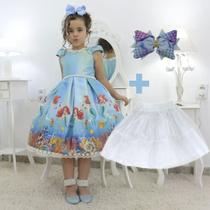 Kit Vestido infantil Princesa Ariel + laço cabelo + saia de filó