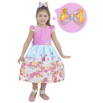 Kit Vestido Infantil Rosa com Saia Azul Floral e Pássaros + Laço para Cabelo