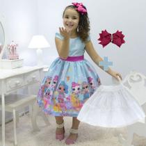 Kit Vestido Infantil Tema Lol Sereia + laço cabelo + saia de filó