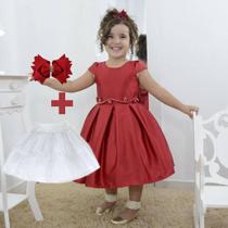 Kit Vestido infantil vermelho rubi + saia de filó + laço cabelo