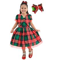 Kit Vestido Infantil Xadrez Com Bolero: Vermelho e Verde + Laço para Cabelo