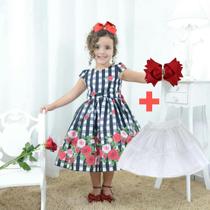 Kit Vestido infantil xadrez floral + saia de filó + laço cabelo