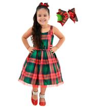 Kit Vestido Infantil Xadrez: Vermelho e Verde para Natal + Laço para Cabelo