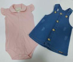 Kit Vestido Jardineira Jeans + Body Luxo Bebê Menina Rf 2498