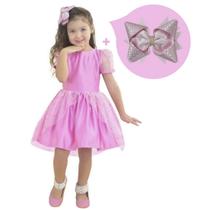 Kit Vestido Rosa Chiclete com Tule para Meninas + Laço para cabelo