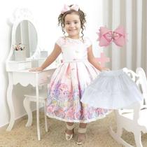 Kit Vestido rosa floral jardim encantado + laço cabelo + saia filó