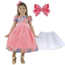 Kit Vestido Rosa Salmão com Estampa Floral + Laço para Cabelo + Saia de Filó Kit Vestido Rosa Salmão com Estampa Floral + Laço para Cabelo + Saia de Filó