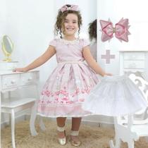 Kit Vestido rose bordados de perolas + laço cabelo + saia de filó